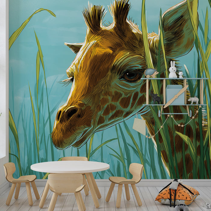 Kinderzimmer Tapete | Neugierige Giraffe mitten im hohen Gras