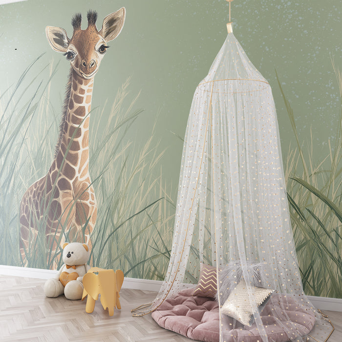 Papel de parede criança | Girafa curioasă într-un câmp verde