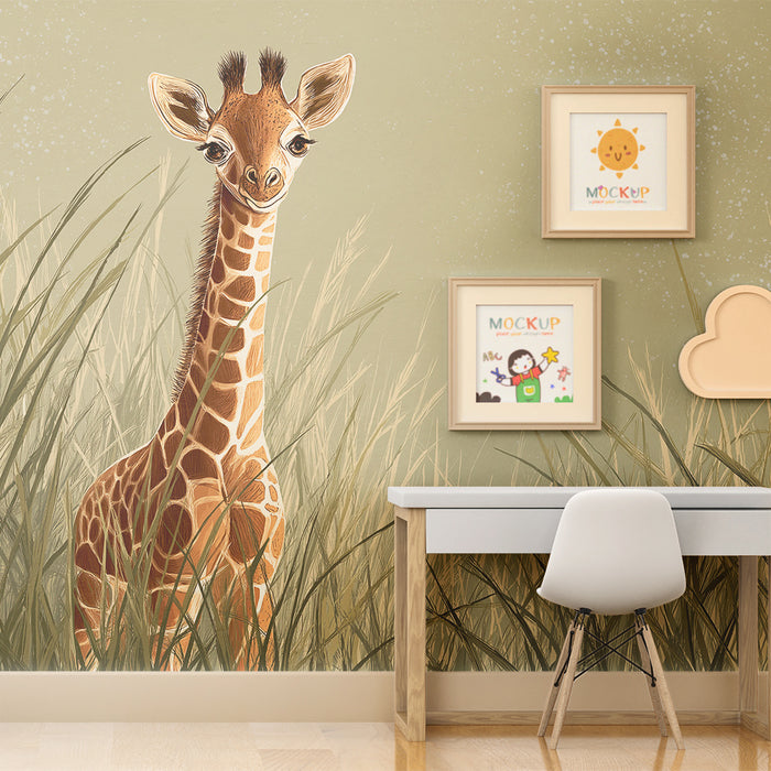 Papel de parede criança | Girafa curioasă într-un câmp verde