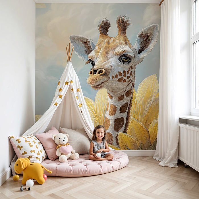 Kids room wallpaper | Curious giraffe surrounded by vibrant sunflowers
