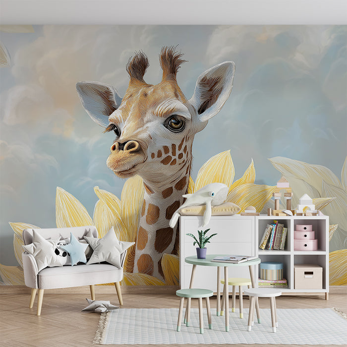 Kids room wallpaper | Curious giraffe surrounded by vibrant sunflowers