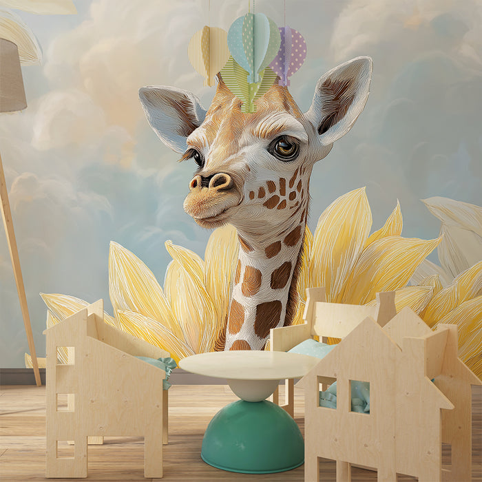 Kids room wallpaper | Curious giraffe surrounded by vibrant sunflowers