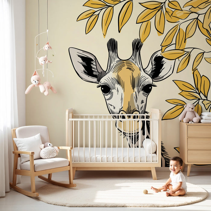 Papel de parede criança | Girafa curiosa e folhagem dourada