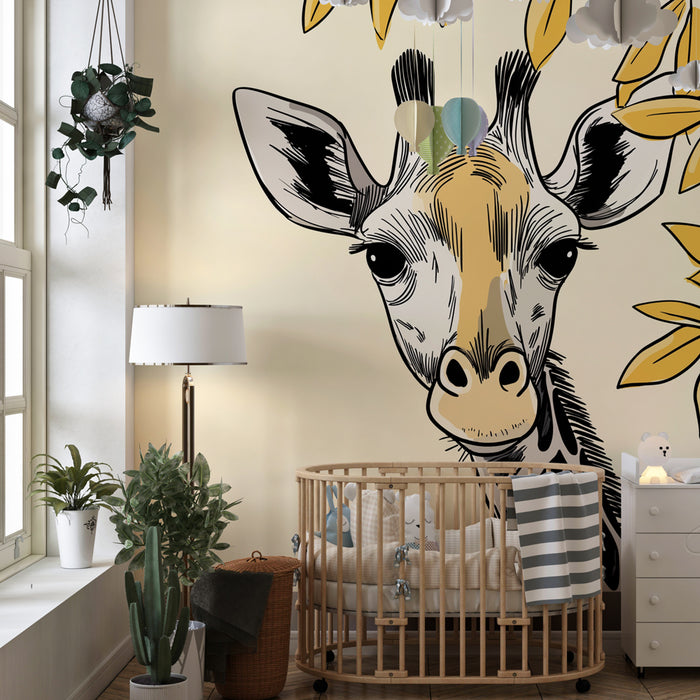 Papel de parede criança | Girafa curiosa e folhagem dourada