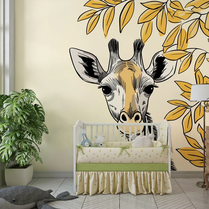 Papel de parede criança | Girafa curiosa e folhagem dourada