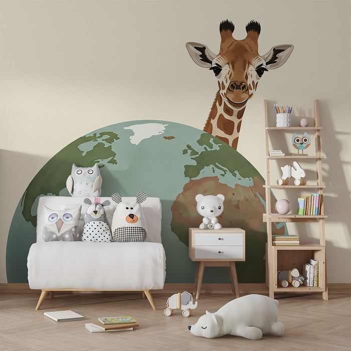 Papel de parede criança | Girafa curiosa e globo terrestre colorido
