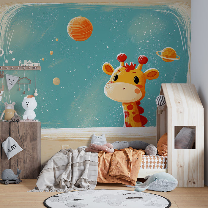 Kids room wallpaper | Curious giraffe exploring the intergalactic space
