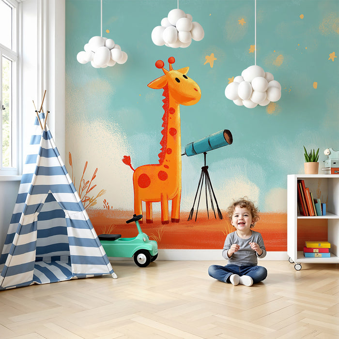 Papel pintado infantil | Jirafa curiosa observando las estrellas con un telescopio