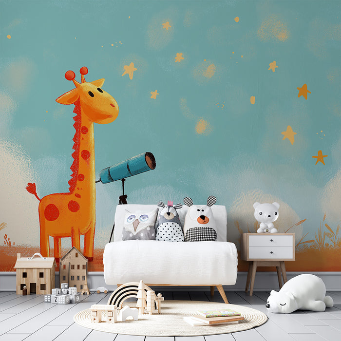 Papel pintado infantil | Jirafa curiosa observando las estrellas con un telescopio