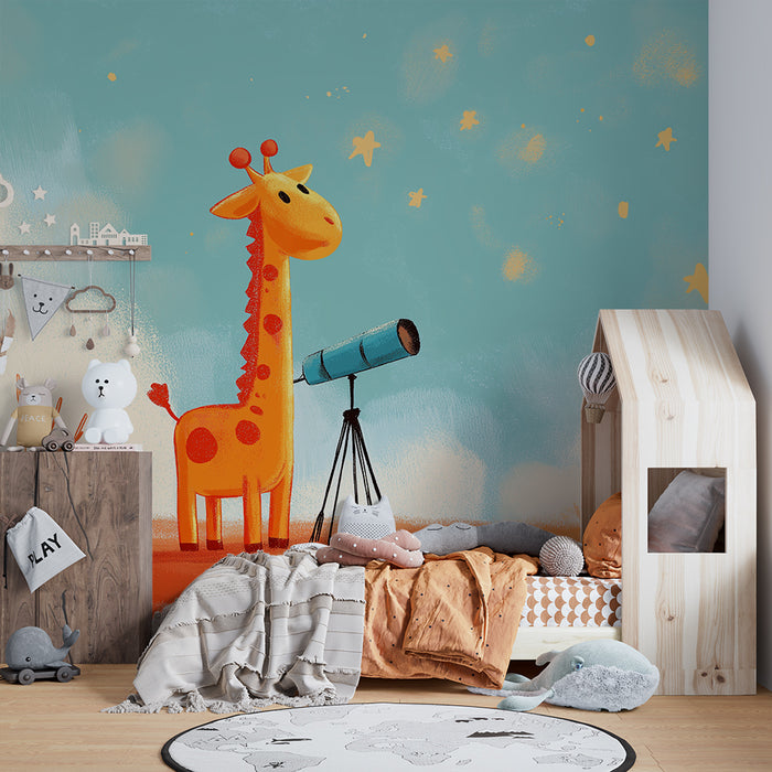Papel pintado infantil | Jirafa curiosa observando las estrellas con un telescopio