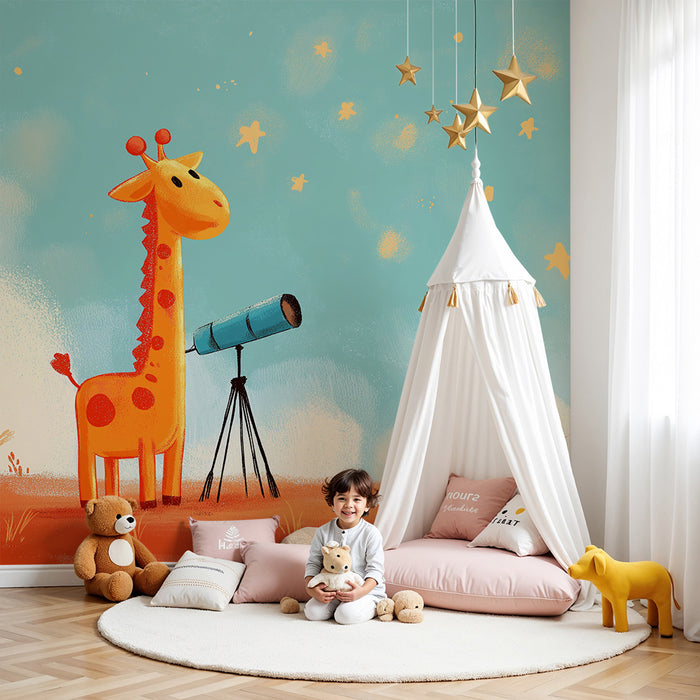 Papel de parede criança | Girafa curiosa observando as estrelas com um telescópio