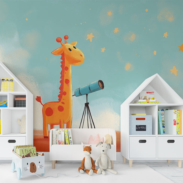 Papel de parede criança | Girafa curiosa observando as estrelas com um telescópio