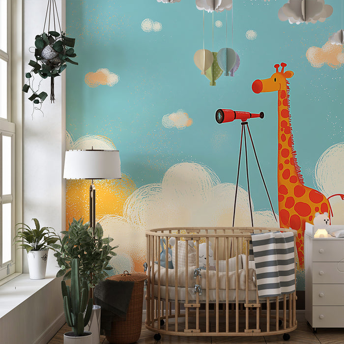 Papel de parede criança | Girafa curiosa observando as nuvens com um telescópio