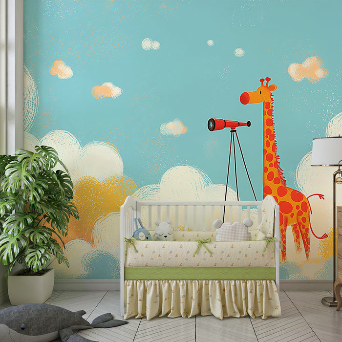 Papel de parede criança | Girafa curiosa observando as nuvens com um telescópio