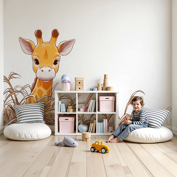 Papier peint chambre enfant | Girafe curieuse parmi les herbes dorées