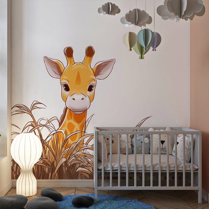 Papier peint chambre enfant | Girafe curieuse parmi les herbes dorées