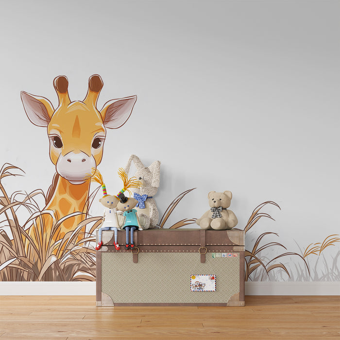Papier peint chambre enfant | Girafe curieuse parmi les herbes dorées