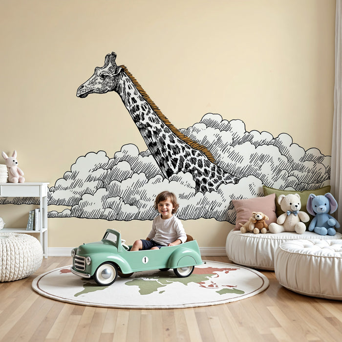 Papel de parede criança | Girafa nas nuvens