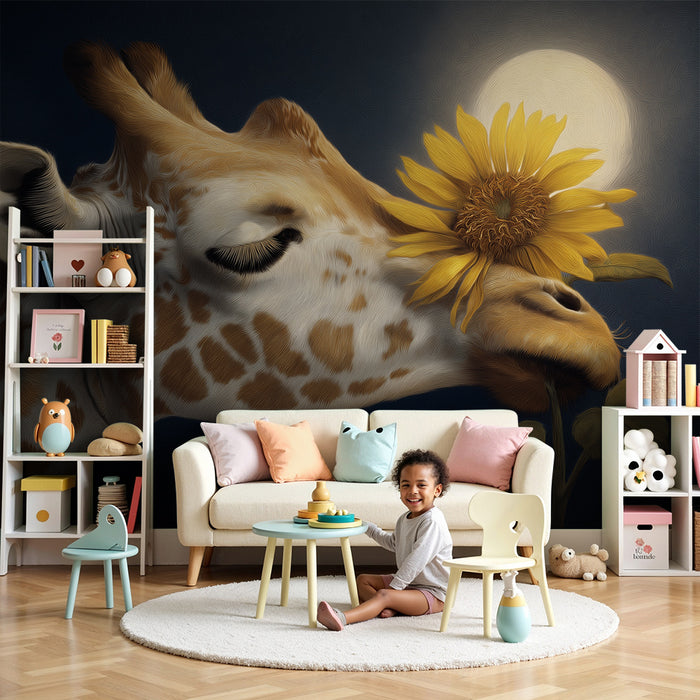Papel de parede criança | Girafa delicada com um girassol sob a lua