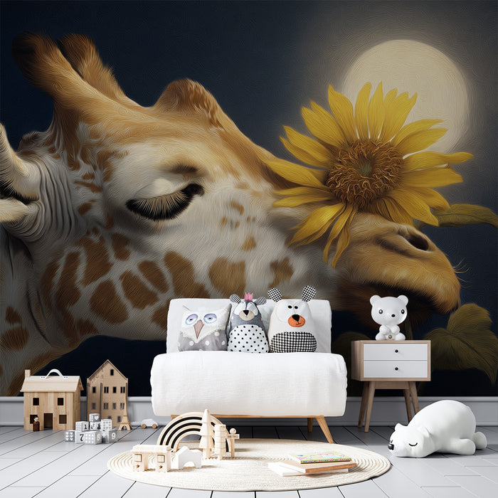 Papel de parede criança | Girafa delicada com um girassol sob a lua