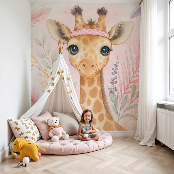 Kinderkamer behang | Zachte giraffe met tropisch bladmotief