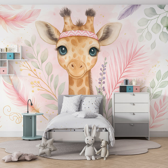 Kinderkamer behang | Zachte giraffe met tropisch bladmotief