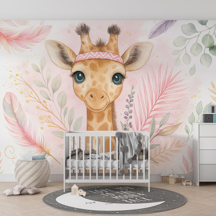Kinderkamer behang | Zachte giraffe met tropisch bladmotief