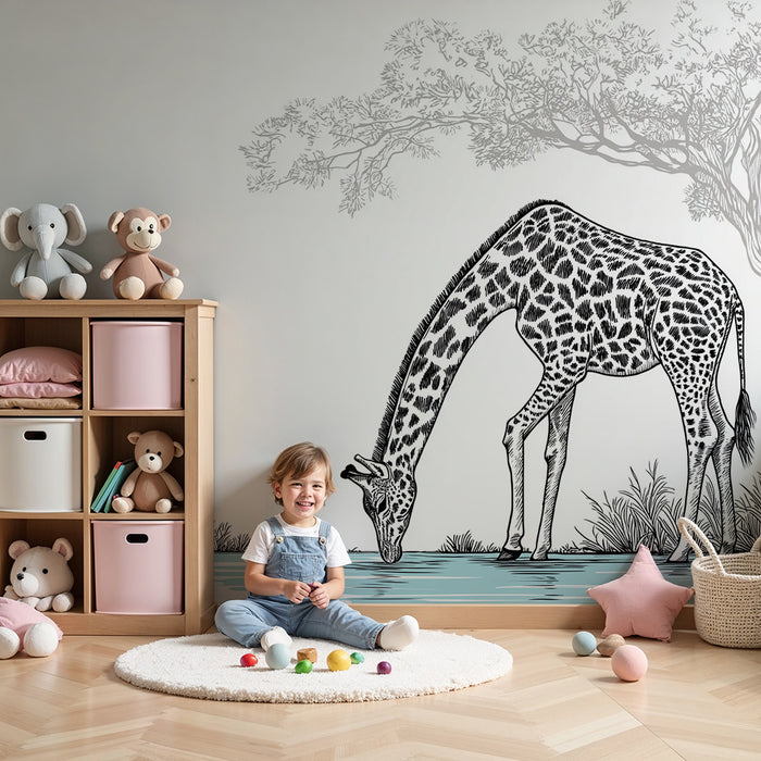 Tapet barnerom | Elegant giraff ved vannkanten i en naturlig setting