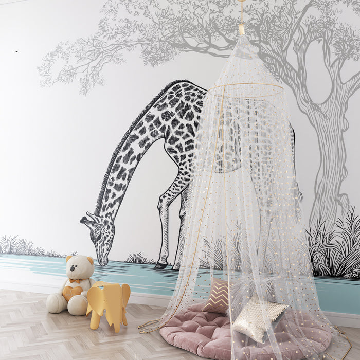 Tapet barnerom | Elegant giraff ved vannkanten i en naturlig setting