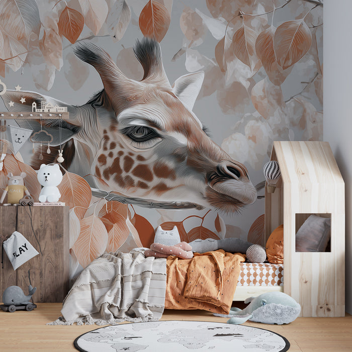 Papier peint chambre enfant | Girafe élégante au milieu des feuilles