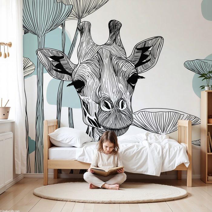Χαρτί τοίχου παιδικό δωμάτιο | Κομψή καμηλοπάρδαλη και καλλιτεχνικά φύλλα