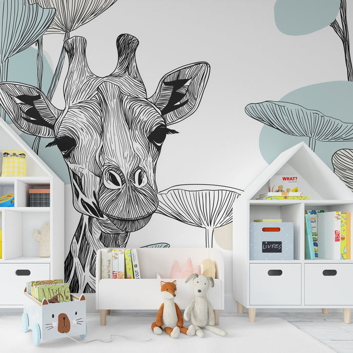 Χαρτί τοίχου παιδικό δωμάτιο | Κομψή καμηλοπάρδαλη και καλλιτεχνικά φύλλα