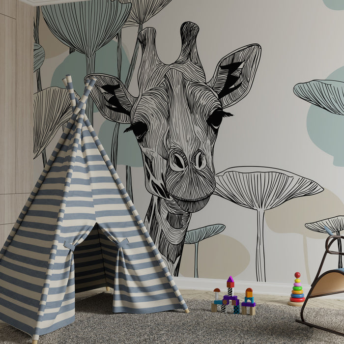 Χαρτί τοίχου παιδικό δωμάτιο | Κομψή καμηλοπάρδαλη και καλλιτεχνικά φύλλα