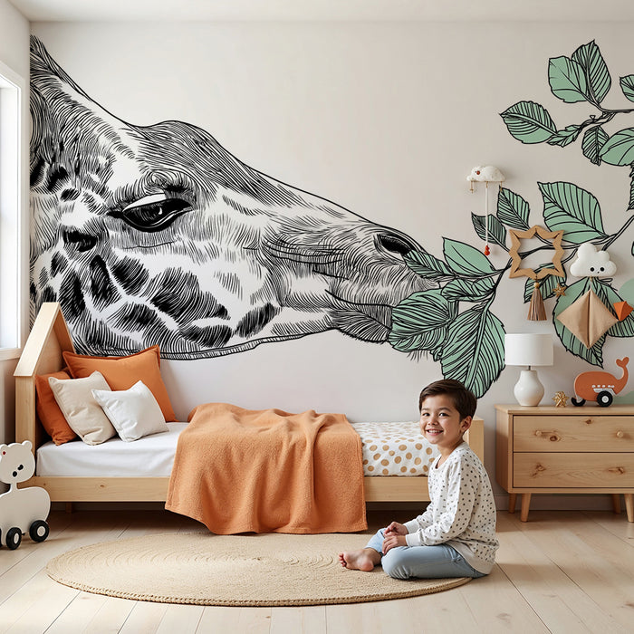 Kinderzimmer Tapete | Elegante Giraffe genießt zarte Blätter