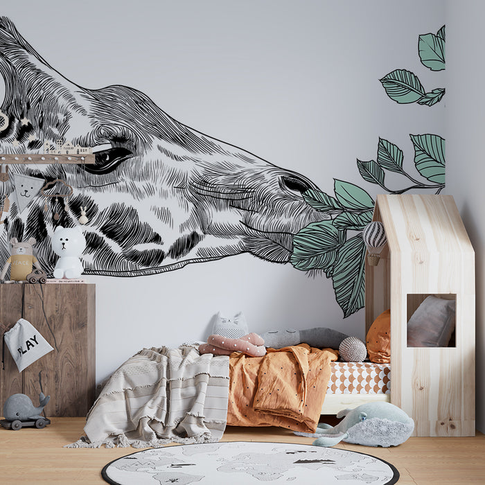Kinderzimmer Tapete | Elegante Giraffe genießt zarte Blätter