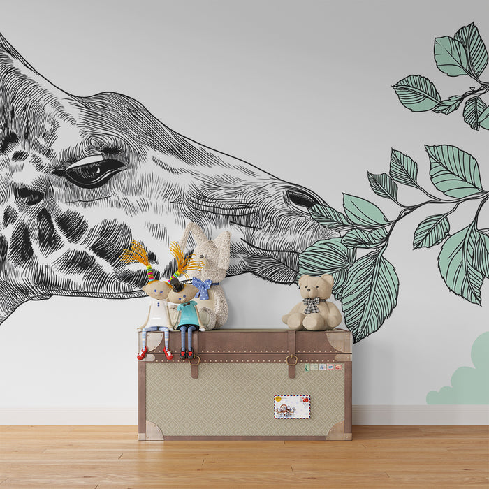 Kinderzimmer Tapete | Elegante Giraffe genießt zarte Blätter
