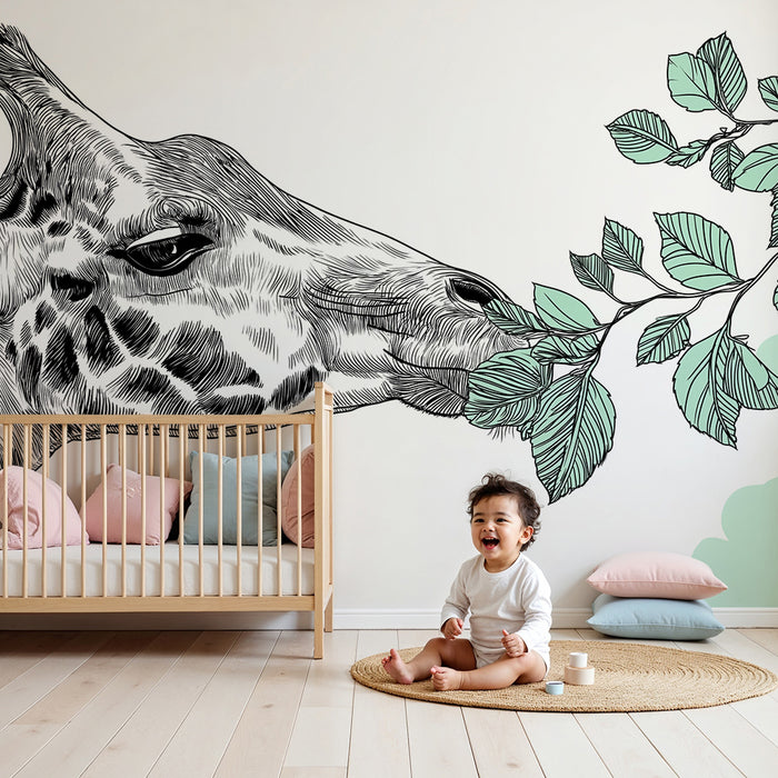 Barn tapet | Elegant giraff som njuter av gröna löv