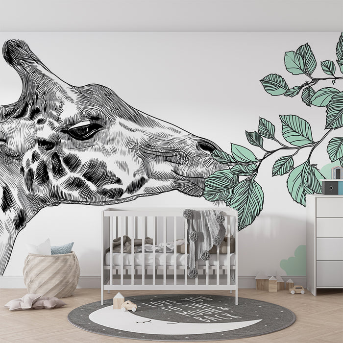 Barn tapet | Elegant giraff som njuter av gröna löv