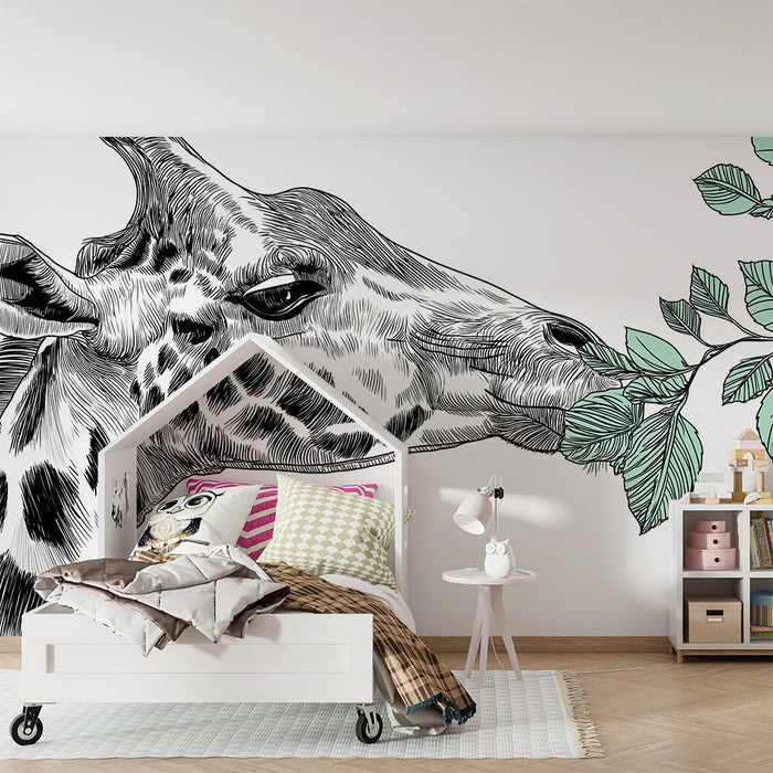 Barn tapet | Elegant giraff som njuter av gröna löv