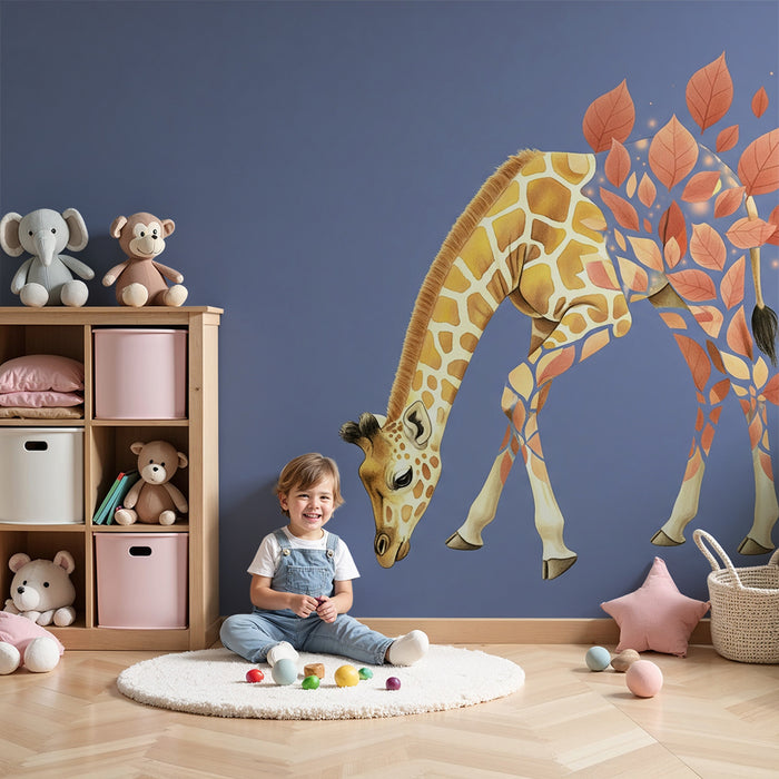 Kinderzimmer Tapete | Sanfte Giraffe und magische Blätter