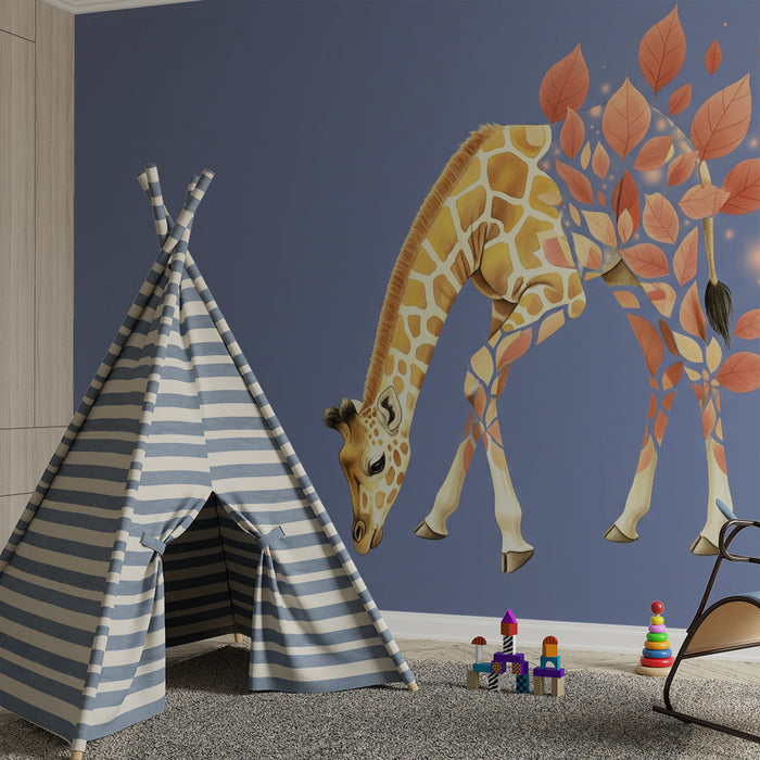 Kinderzimmer Tapete | Sanfte Giraffe und magische Blätter