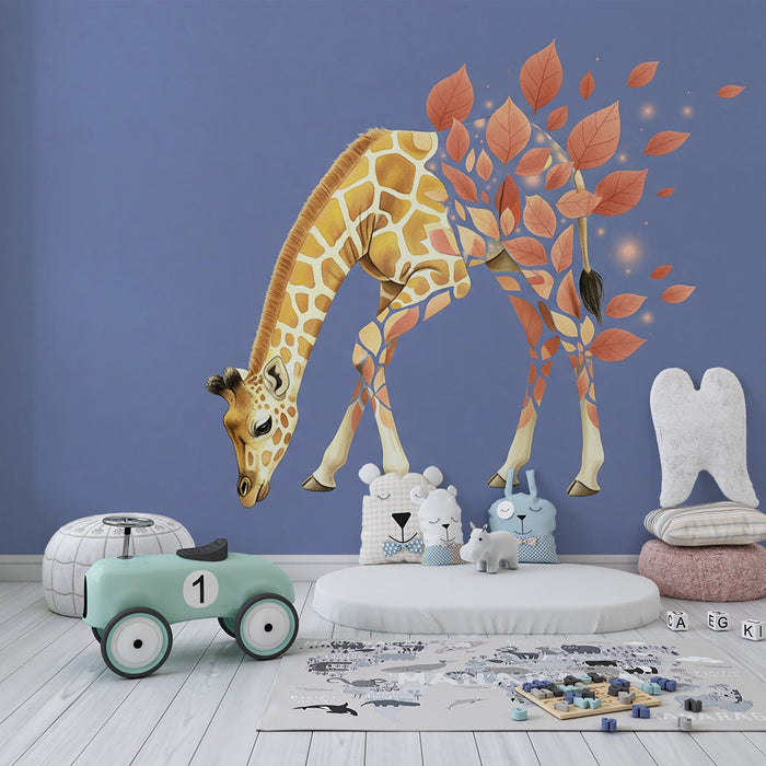 Kinderzimmer Tapete | Sanfte Giraffe und magische Blätter