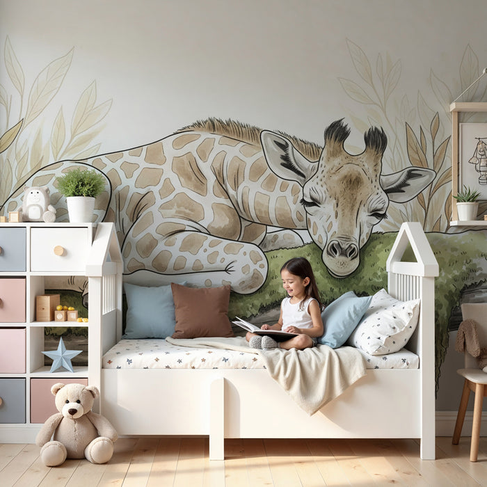 Papier peint chambre enfant | Girafe endormie et nature douce