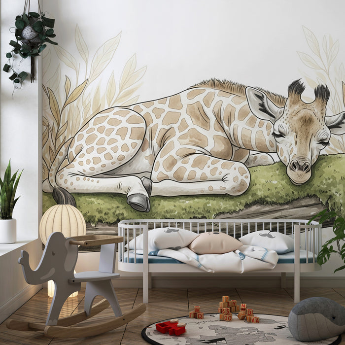 Papier peint chambre enfant | Girafe endormie et nature douce