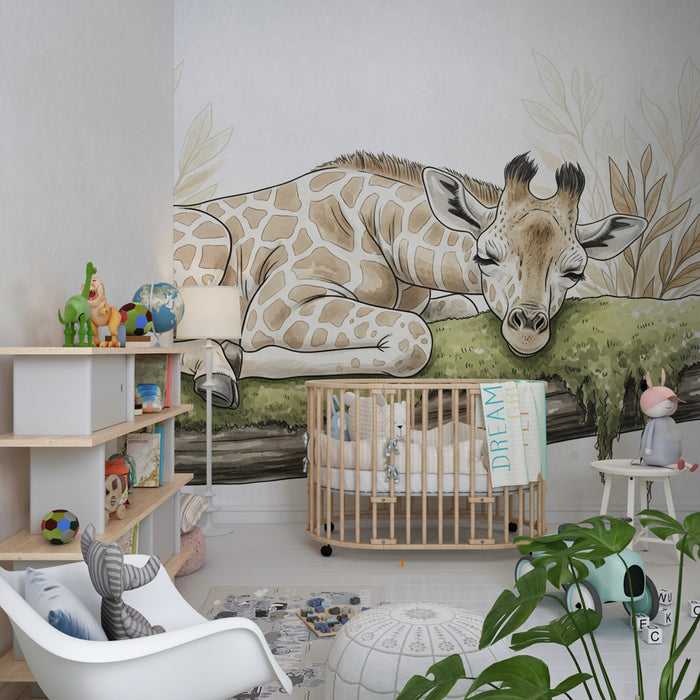 Papier peint chambre enfant | Girafe endormie et nature douce