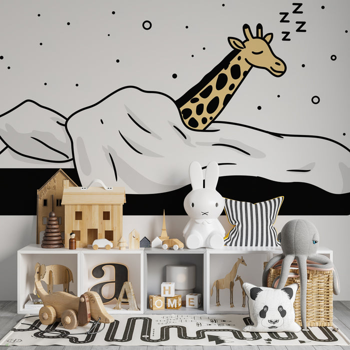 Papier peint chambre enfant | Girafe endormie sous les draps