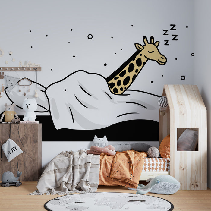 Papier peint chambre enfant | Girafe endormie sous les draps