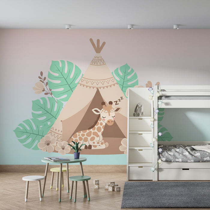 Papier peint chambre enfant | Girafe endormie sous un tipi