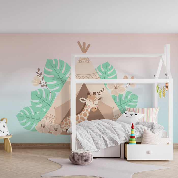 Papier peint chambre enfant | Girafe endormie sous un tipi