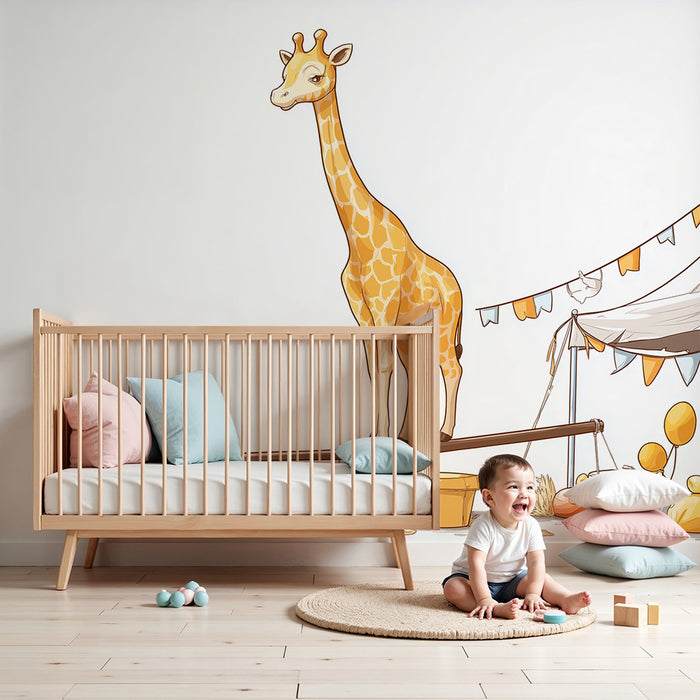 Papel pintado infantil | Jirafa equilibrista bajo una carpa de circo